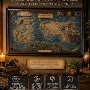 May include: A framed fantasy map titled "The Known World" with detailed cartography of Westeros and Essos. The map features a blue and brown colour scheme, with text that reads "Explore Lands of Legend from Westeros to Sothoryos." Additional text includes "Premium HD Hi-Res Digital Print."