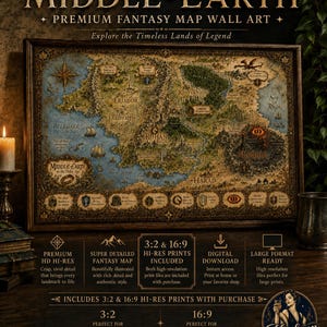 Mappa fantasy della Terra di Mezzo / Decorazione murale in pergamena vintage (Download digitale)