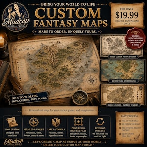 May include: A digital advertisement for custom fantasy maps featuring a central parchment-style map titled The Realm of Eldrian with detailed terrain, a compass rose, and a legend. The graphic includes text overlays, a brass compass, and smaller map examples.