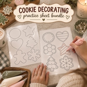 May include: A cookie decorating practice sheet bundle featuring two white pages with black outlines of various shapes including stars, hearts, trees, snowflakes, and gingerbread people. The sheets are encased in clear plastic protectors.