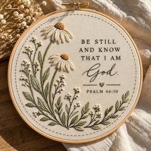 Könnte beinhalten: Ein runder Holzstickrahmen mit cremefarbenem Stoff, der handgestickte Blumenmotive in Weiß und Grün zeigt. Der Text lautet: BE STILL AND KNOW THAT I AM God. PSALM 46:10, ergänzt durch ein kleines, gesticktes Herzsymbol.