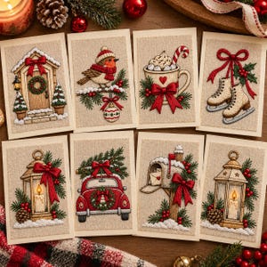 May include: A set of eight rectangular greeting cards featuring embroidered Christmas designs on a light beige fabric background. The motifs include a decorated door, a robin, a mug of cocoa, ice skates, lanterns, a car, and a mailbox.