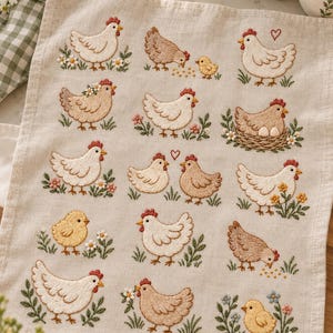 以下が含まれることがあります： 様々なポーズの鶏とひよこが刺繍された、ライトベージュのリネン製ティータオル。白と茶色の雌鶏、黄色いひよこ、小さな花、緑の草、卵のある巣、そして2つの小さな赤いハートがデザインされています。