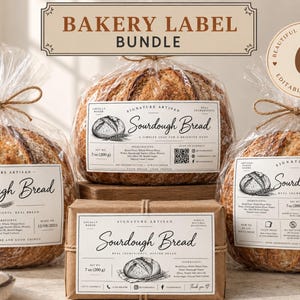 May include: A digital bakery label bundle featuring six editable designs for sourdough bread packaging. The image displays three round loaves of bread in clear plastic bags with twine bows and one rectangular loaf wrapped in brown paper.