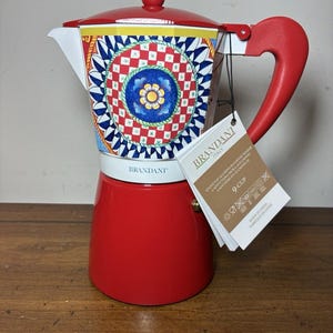 Brandani Italy Red Multicolor Coffee Maker Moka Pot Stovetop Aluminum 9 Cup NEW