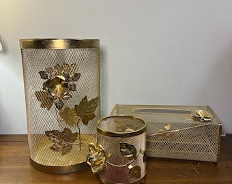 Vintage Hollywood Regency Gold Vanity Waste bin Tissue Box Make-up Pinsel Halter