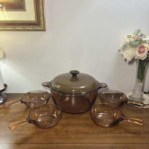 Vintage Corning Ware Vision Amber 4.5L Dutch Oven With Lid +4 Pans 0.8L