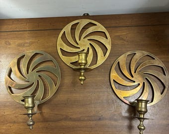 3er-Pack Vintage MCM Wandkerzenhalter aus massivem Messing, runde Mandala-Wandleuchten mit spiralförmigem Muster
