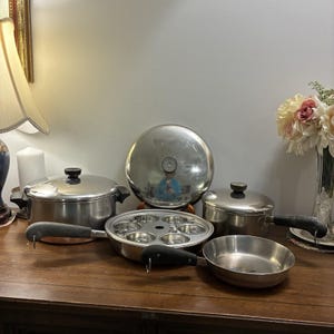 Vintage Revere Ware kopparbotten 14p lot kastruller stekpannor ägg poacher lock USA