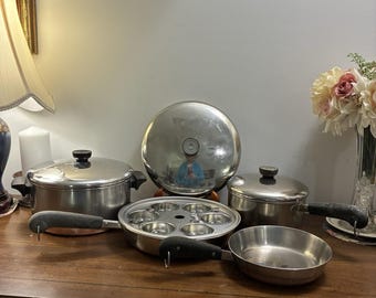 Vintage Revere Ware Copper Bottom 14p Lot Pots Pans Egg Poacher Lids USA