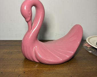 Porte-serviettes/gants de toilette en céramique rose style Hollywood Regency, motif cygne, années 1980