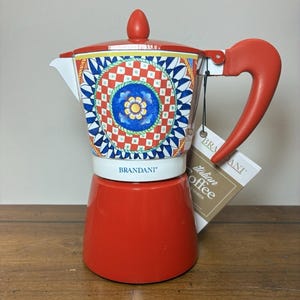 Cafetera italiana Brandani roja, tipo moka, de aluminio, para estufa, 6 tazas, nueva con etiquetas.