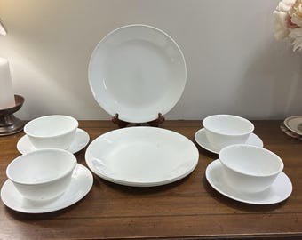 Conjunto de 12 pratos e tigelas vintage Corelle Winter Frost brancos para jantar e pão, serve 4 pessoas.