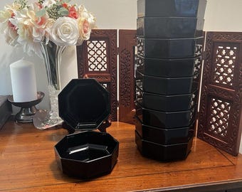 Bols à soupe octogonaux en verre noir Arcoroc Octime, fabriqués en France, vintage