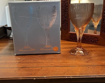 4 Vintage FOSTORIA MONET 10 Oz PEACH 7.5” water/wine goblets New In Box