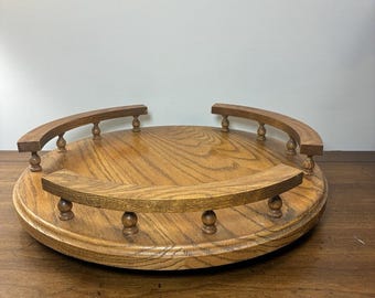 Vintage Wooden Solid Oak Lazy Susan Turntable Kitchen Organizer with Rails 14”