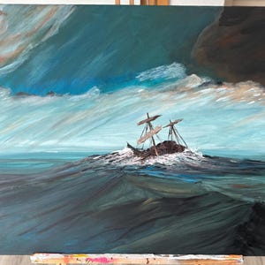 Original Stormy Seascape Painting 60x90 cm, Large Acrylic Canvas Art, Shipwreck Ocean Wall Art, Dark Nautical Coastal Decor