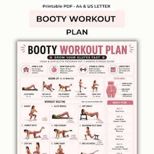 Könnte beinhalten: Ein druckbarer PDF-Trainingsplan mit dem Titel Booty Workout Plan, der Illustrationen verschiedener Gesäßübungen, einen Wochenplan und Fokusbereiche enthält. Das Dokument ist für A4 und US Letter formatiert und enthält Text zu Routinen, Sätzen und Wiederholungen für das Heim- und Fitnesstraining.