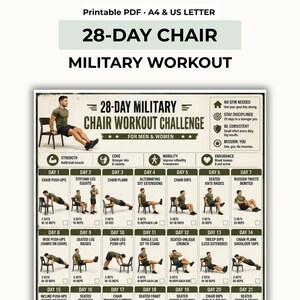 May include: A printable PDF workout chart titled 28-Day Military Chair Workout Challenge. The document features a grid of daily exercise instructions with illustrations of a person performing movements using a chair, including push-ups, dips, and leg raises.