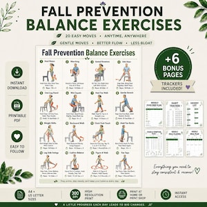 May include: A printable PDF guide for fall prevention balance exercises. The guide includes 20 easy moves, with illustrations of each exercise. Bonus pages include trackers for food prep, habits, and meal planning. The guide is available for instant download.