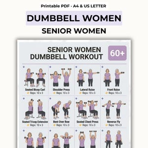 Poster met dumbbell-workouts voor seniorenvrouwen, fitnessroutine voor 60-plussers (digitale download)