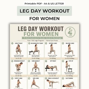 Può includere: Una guida all'allenamento in PDF stampabile intitolata LEG DAY WORKOUT FOR WOMEN, che presenta 16 esercizi in palestra per quadricipiti, glutei e bicipiti femorali. Il poster include illustrazioni numerate dei movimenti con istruzioni testuali.