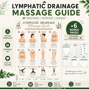 May include: A printable Lymphatic Drainage Massage Guide with illustrations demonstrating massage techniques. Includes bonus pages with trackers. The guide is available in A4 and US Letter sizes, with a high-resolution print.
