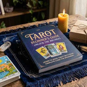 May include: A still-life arrangement featuring a tarot card deck, a book titled "Tarot Beginner's Guide", crystals, a lit candle, and a gift box. The book is open, displaying colorful tarot card illustrations. The scene is set on a wooden table with a dark blue fringed cloth.