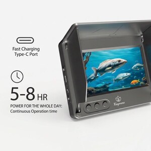 May include: A gray portable monitor with a sun hood displaying an underwater scene with fish. Text includes Fast Charging Type-C Port and 5-8 HR POWER FOR THE WHOLE DAY: Continuous Operation time. The device features three circular buttons and the Kayoura logo.