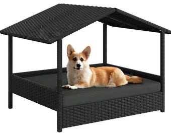 Kayoura Outdoor Elevated Rattan Dog Bed with Canopy & Padded Cushion - Heavy Duty Raised Pet House for Backyard, Poolside  Lawn - Modern Al