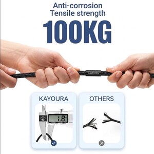 May include: A black braided cable with a metal connector labeled KAYOURA. Text reads Anti-corrosion Tensile strength 100KG. A digital caliper shows a 1.8 mm measurement for the cable, while a comparison shows a frayed cable labeled OTHERS.