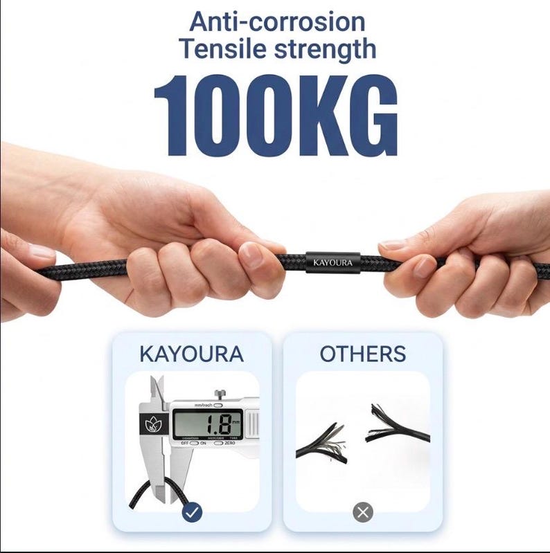 May include: A black braided cable with a metal connector labeled KAYOURA. Text reads Anti-corrosion Tensile strength 100KG. A digital caliper shows a 1.8 mm measurement for the cable, while a comparison shows a frayed cable labeled OTHERS.