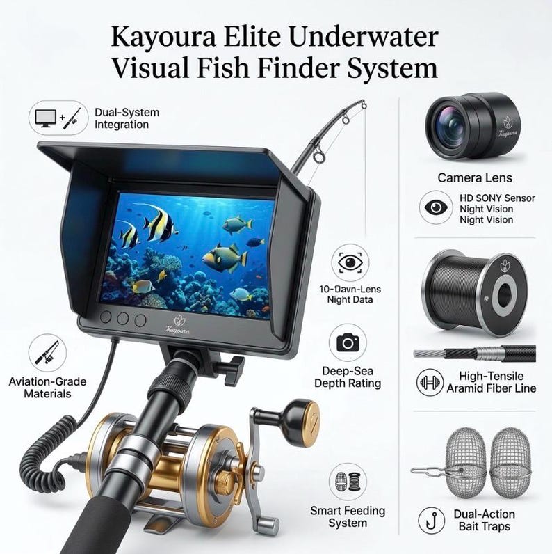 May include: Kayoura Elite Underwater Visual Fish Finder System featuring a black monitor with a sun hood, a fishing rod with a gold and silver reel, a camera lens, high-tensile aramid fiber line, and dual-action bait traps with icons.