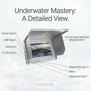 May include: A silver Kayoura underwater camera monitor with a 4.3-inch high-definition display screen. The device features a power switch, USB Type-C port, camera input, IR LED switch, and adjustment keys labeled plus, menu, and minus.