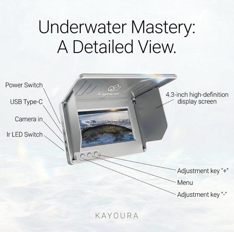 May include: A silver Kayoura underwater camera monitor with a 4.3-inch high-definition display screen. The device features a power switch, USB Type-C port, camera input, IR LED switch, and adjustment keys labeled plus, menu, and minus.