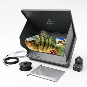 May include: A dark gray portable fish finder monitor with a sun hood displaying a yellow and black striped fish. Includes a black spool of cable, a separate camera unit with LED lights, a silver storage pouch, and a long thin black cable.
