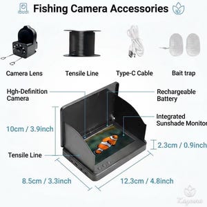 May include: Fishing camera accessories set including a camera lens, black tensile line, white Type-C cable, and two bait traps. A high-definition monitor with an integrated sunshade displays a clownfish image, measuring 3.9 inches by 4.8 inches.