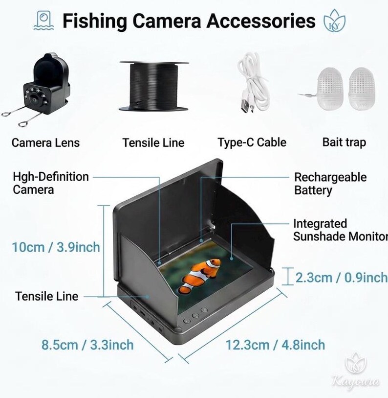 May include: Fishing camera accessories set including a camera lens, black tensile line, white Type-C cable, and two bait traps. A high-definition monitor with an integrated sunshade displays a clownfish image, measuring 3.9 inches by 4.8 inches.