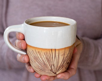 Pottery Mug Handmade, Coffee, Tea, 12 oz, Campfire mug, Winter White, Pine Needles, Log Cabin, Stoneware, Gift for Her