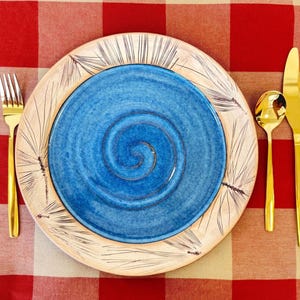 Handmade ceramic pine texture blue DINNER plate Artisianal hand crafted dinnerware set for wedding registry and pottery lover collections
