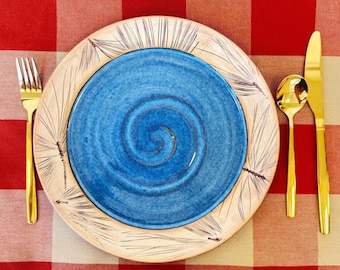 Handmade ceramic pine texture blue DINNER plate Artisianal hand crafted dinnerware set for wedding registry and pottery lover collections