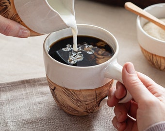 Pottery Mug Handmade, Coffee, Tea, 12 oz, Campfire mug, Winter White, Pine Needles, Log Cabin, Stoneware, Gift for Her