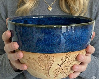 Handmade Leaf Textured Ceramic Serving Bowl Hand-Thrown Blue Glaze Pottery Centerpiece Rustic kitchen decor and Nature lover gift