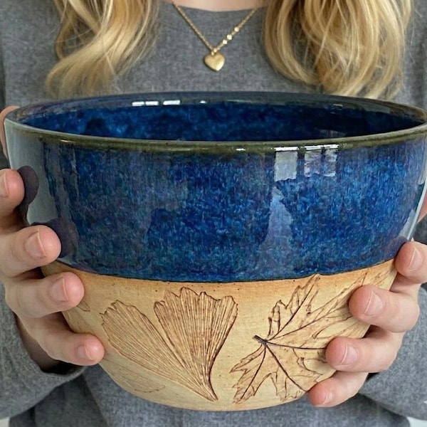 Handmade Leaf Textured Ceramic Serving Bowl Hand-Thrown Blue Glaze Pottery Centerpiece Rustic kitchen decor and Nature lover gift