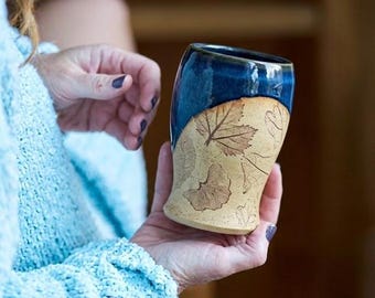Handmade ceramic Leaf textured Tumbler Cobalt Blue Ceramic handless mug Nature Lover gift Artisinal dinnerware