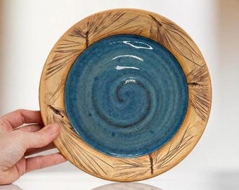Handmade Ceramic Small Plate with Pine Needle Texture Cobalt Blue Stoneware Dessert Plate gift for home cook and pottery lover