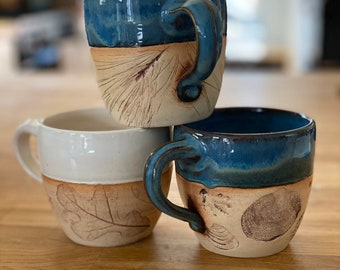 Pottery Mug Handmade, Coffee, Tea, 12 oz, Campfire mug, Winter White, Pine Needles, Log Cabin, Stoneware, Gift for Her