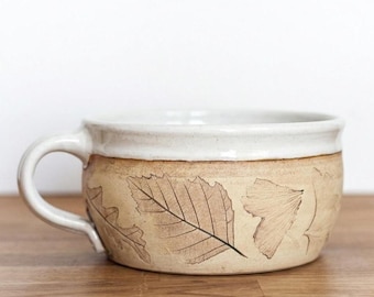 Handmade Woodland Soup Mug, Large 20oz Ceramic Bowl, Leaf Imprints, Rustic Kitchenware