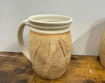 16 oz woodland white handmade mug with leaf imprints- Discounted