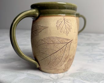 Handmade Woodland Ceramic Olive Green Mug 16 oz Leaf Texture Pottery Nature lover gift Rustic kitchen decor